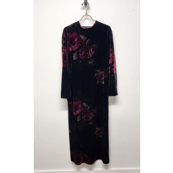 Vintage Oscar De La Rente Black Floral Velvet Long Night Gown/Dress, Size Large - Picture 2 of 11